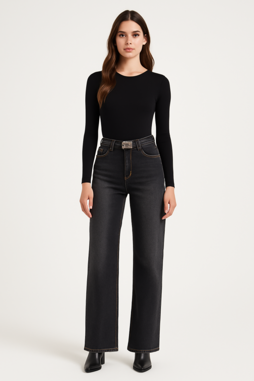 Jeans Recto Tiro Alto en Denim Negro - Imagen 2