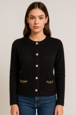 CARDIGAN NEGRO CON BOTONES PERLA Y DETALLES DORADOS
