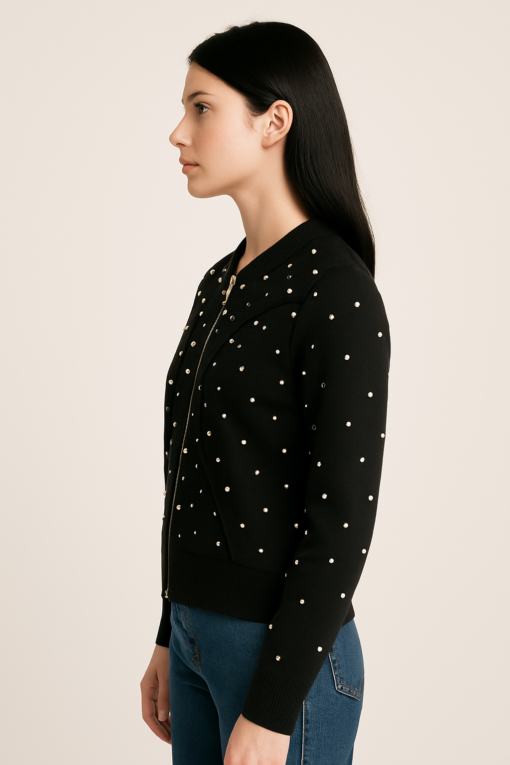 CARDIGAN NEGRO CON CIERRE Y APLIQUES DE PERLAS - Imagen 2