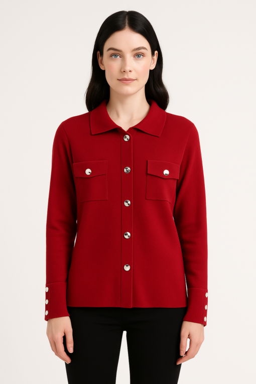 SUÉTER CAMISERO ROJO CON BOTONES METÁLICOS