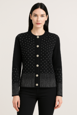 CARDIGAN NEGRO CON APLIQUES DE BRILLOS Y BOTONES DECORATIVOS