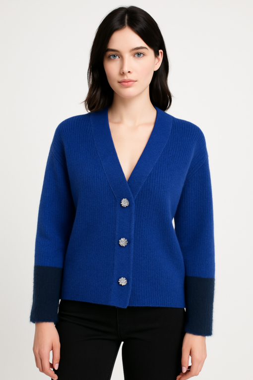 CARDIGAN AZUL BICOLOR CON BOTONES JOYADOS