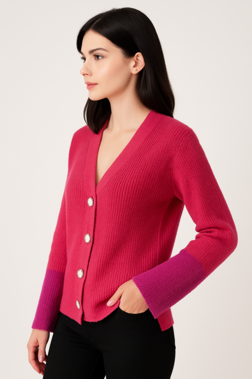 CARDIGAN FUCSIA BICOLOR CON BOTONES DECORATIVOS - Imagen 2