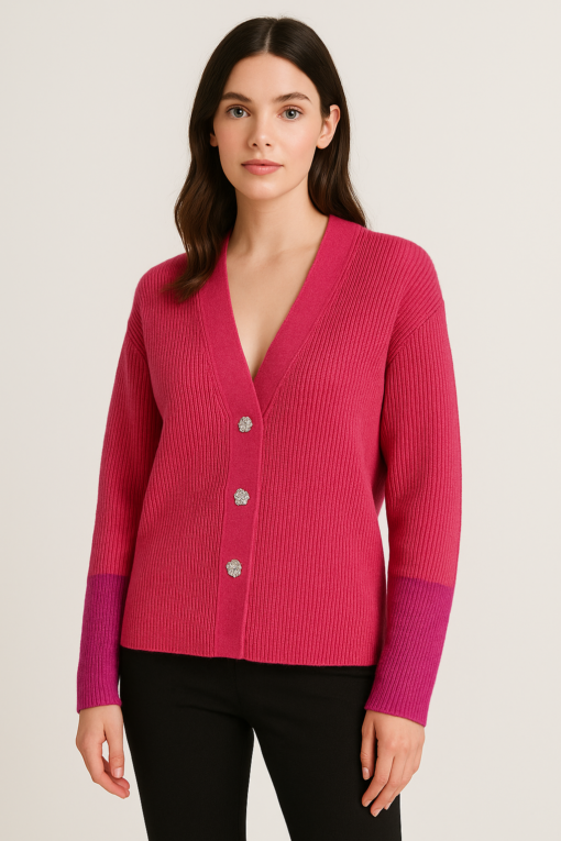 CARDIGAN FUCSIA BICOLOR CON BOTONES DECORATIVOS